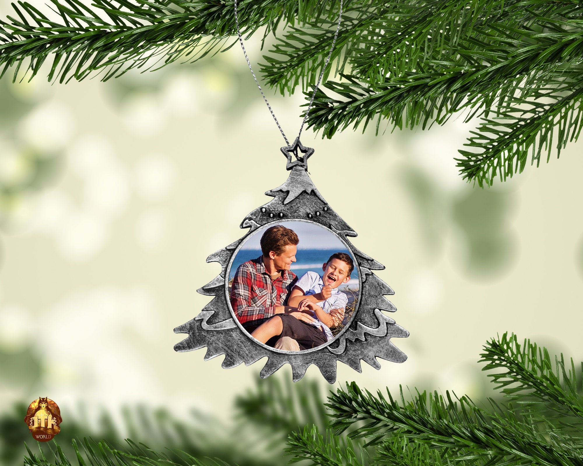 Personalized Antq. Silver Christmas Tree Ornament - Christmas Tree Photo Ornament - Custom Photo Tree Ornament - Add Your Own Photo & Text