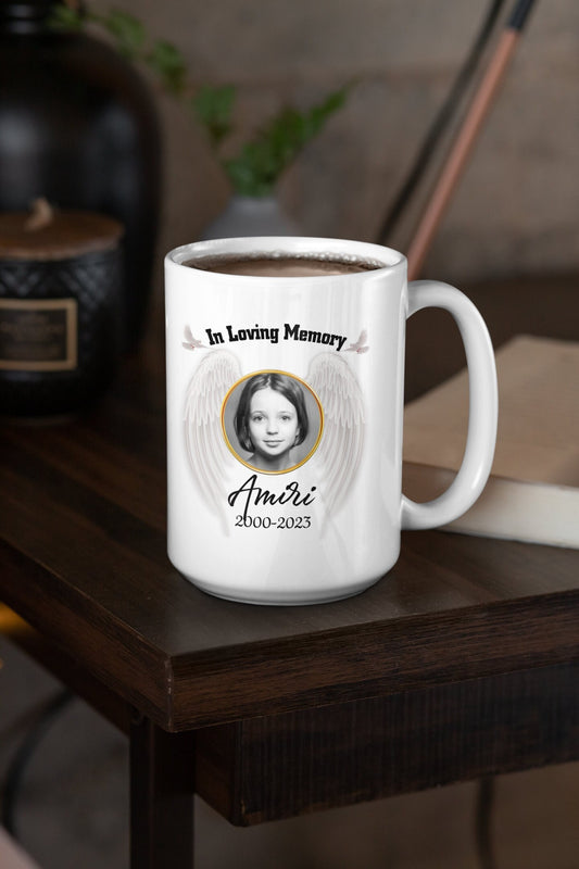 Custom In Loving Memory Angel Mug - Personalized Photo Memorial Mug - Custom Tribute Mug - RIP Photo Mug - Add Your Own Photo, Name & Date