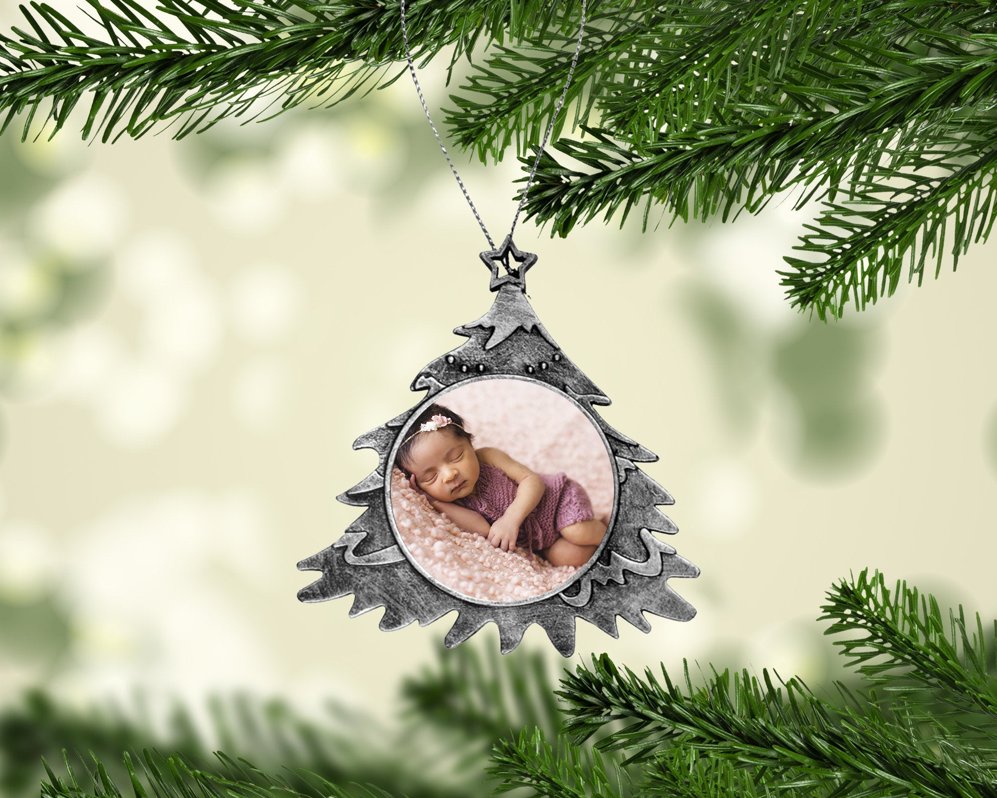 Personalized Antq. Silver Christmas Tree Ornament - Christmas Tree Photo Ornament - Custom Photo Tree Ornament - Add Your Own Photo & Text