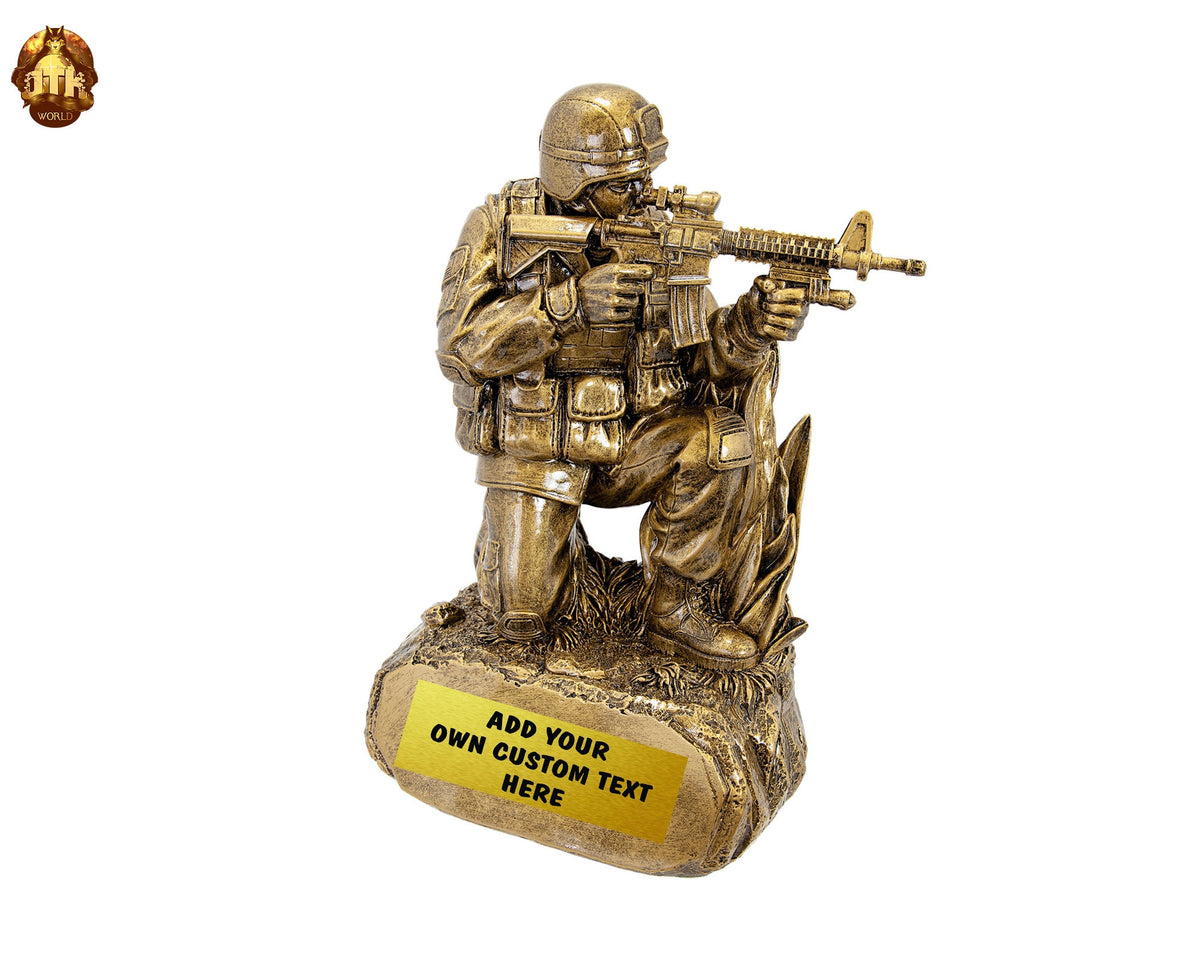 Custom 9.25" Military Kneeling Soldier Trophy - Personalized Soldier Trophy -Shooting Award - Custom Military Gift -Add Your Own Text & Logo